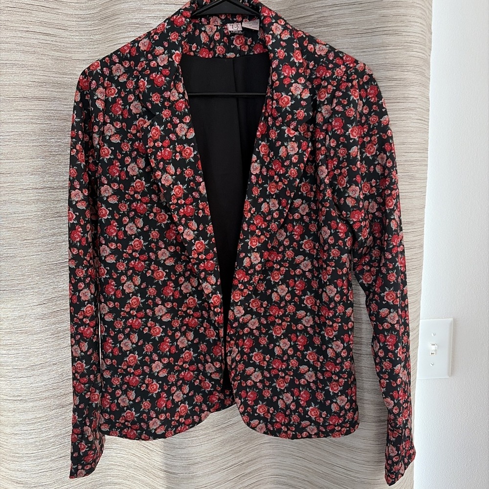 Love on‎ a Hanger Floral Blazer Jacket Women's M Black Red Rose Print Open Front